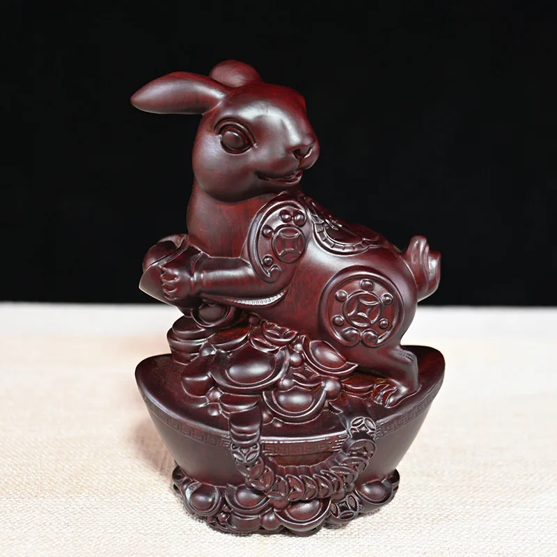 

Ebony Rich Rabbit Solid Wood Ornaments Vintage Wood Carving Animal Creative Home Gift Chinese Style Wooden Craftwork