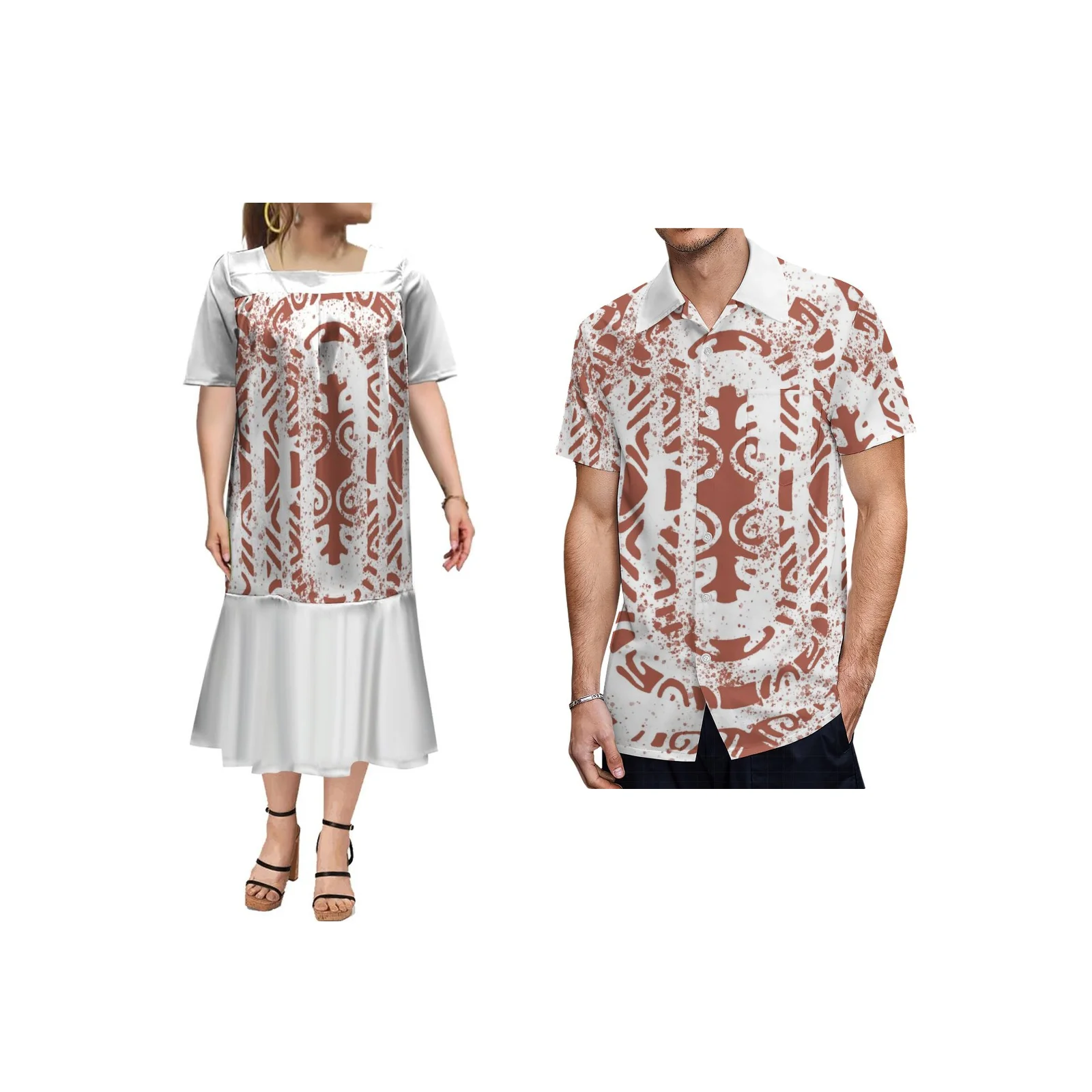 Customized Polynesian Tribal Prints Men Shirts Samoan Style Ruffled Pleated Sexy Women Dress Hot Couple's Clothing MUMU