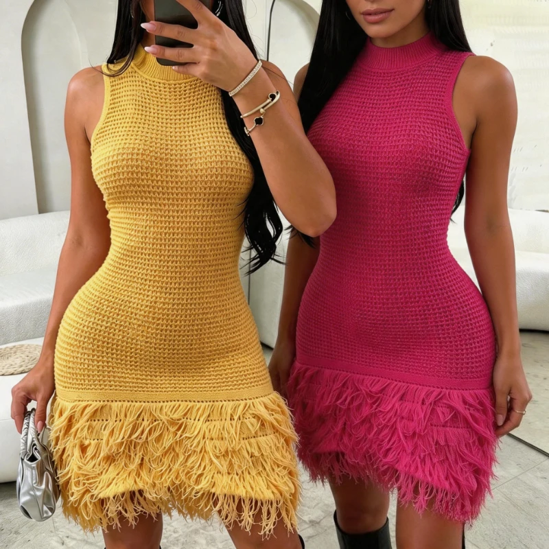 Vestido Mini Ajustado de Verano para Mujer, Amarillo, Sin Mangas, Cuello Alto Simulado, Tejido de Ganchillo con Flecos, Elástico, para Playa, Fiesta o Club
