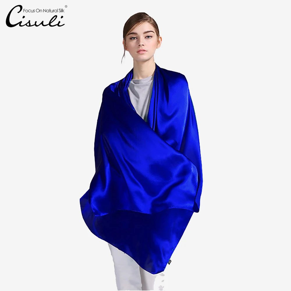 

100% Mulberry Silk Satin Scarf Pure Silk Women Long Shawl 55X180cm Solid Color Royal Blue 11