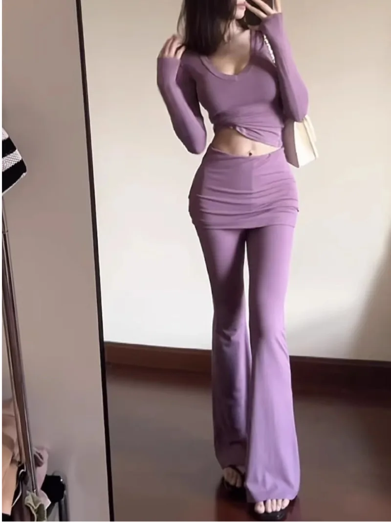 

Women 2024 Autumn/winter New V-neck Long Sleeve Short Top+double Layered High Waisted Bell Bottom Pants Two Piece Set I6EL