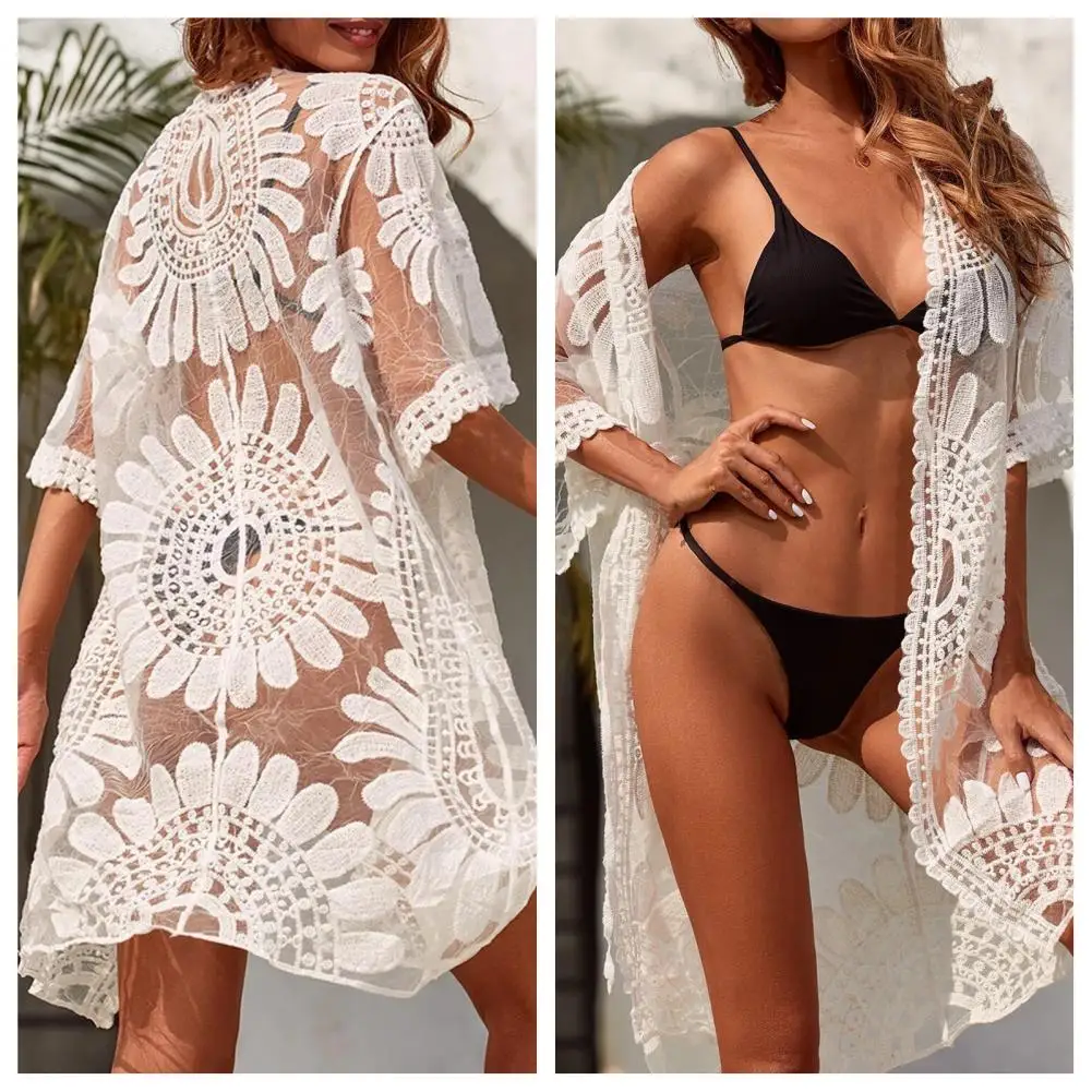 Sexy Ademende Sneldrogende Zomer Strandbedekking Met Halve Mouwen Perspectief Vrouwen Bikini Cover Up Dameskleding