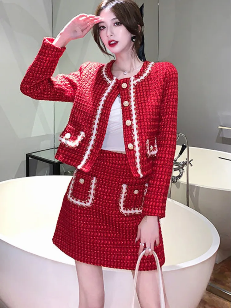 Autunno inverno moda Plaid rosso Tweed due pezzi Set donna perle monopetto frange giacche di lana cappotto + minigonna tascabile