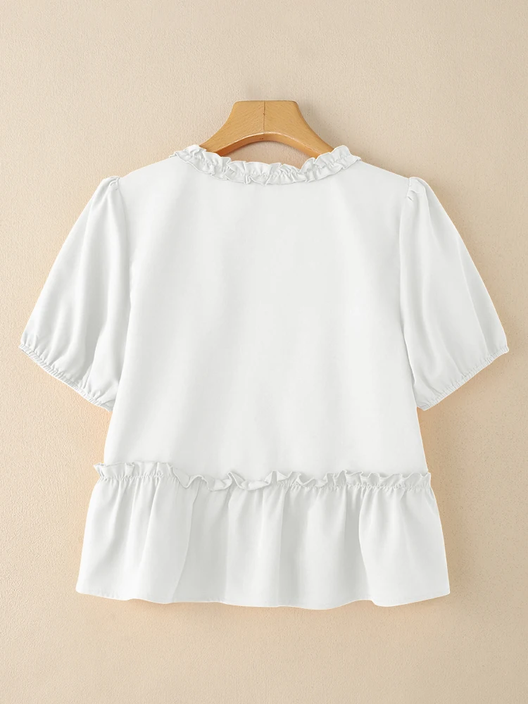 ZANZEA Elegant Ruffled Work Shirt 2025 Summer Blouse Women Short Sleeve Buttons Tops Casual Solid Holiday Shirts Mujer Oversize