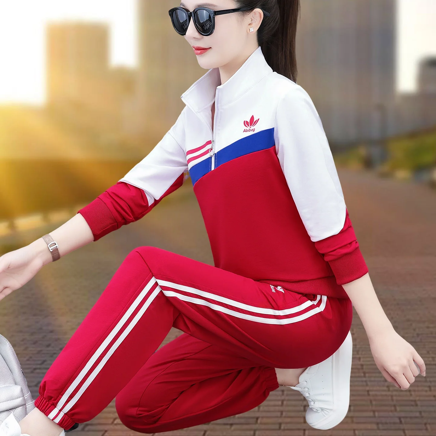 

Spring Autumn Square Dance Fitn Exercise up Performance Costume Women's Casual Sportswear Two-Piece Set High Waist Cotton