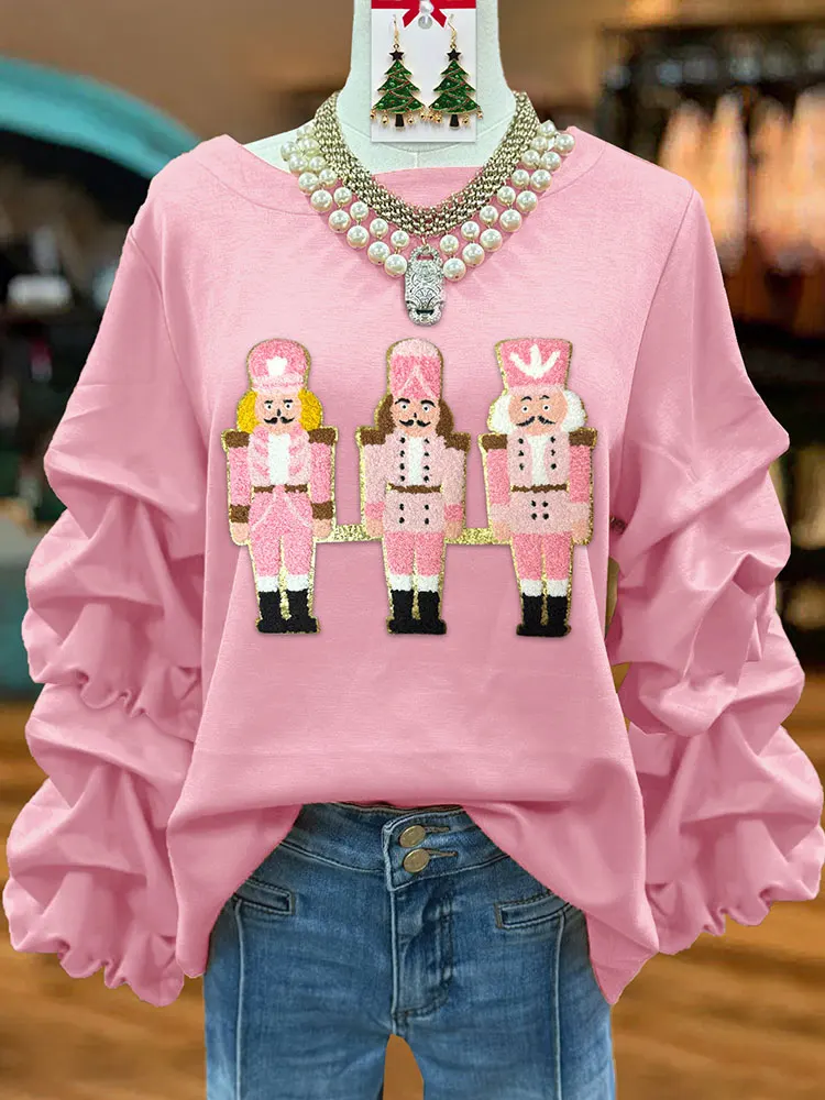 Classic Christmas Nutcracker Embroidered Pleated Sweatshirt