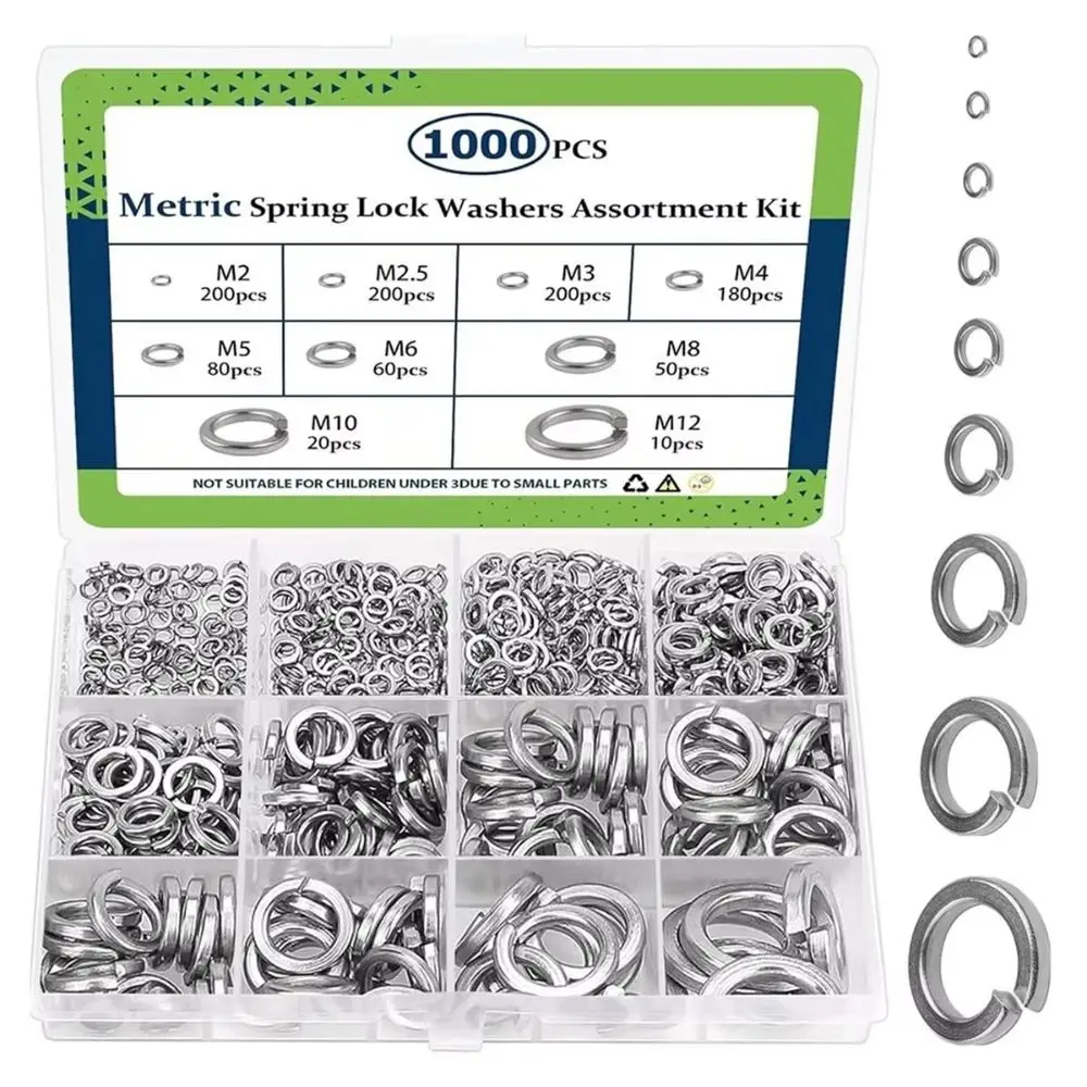 1000PCS M2 M2.5 M3 M5 M6 M8 M10 M12 Spring Lock Washers Assortment Kit 304 Stainless Steel Metric Split Lock Washer Set