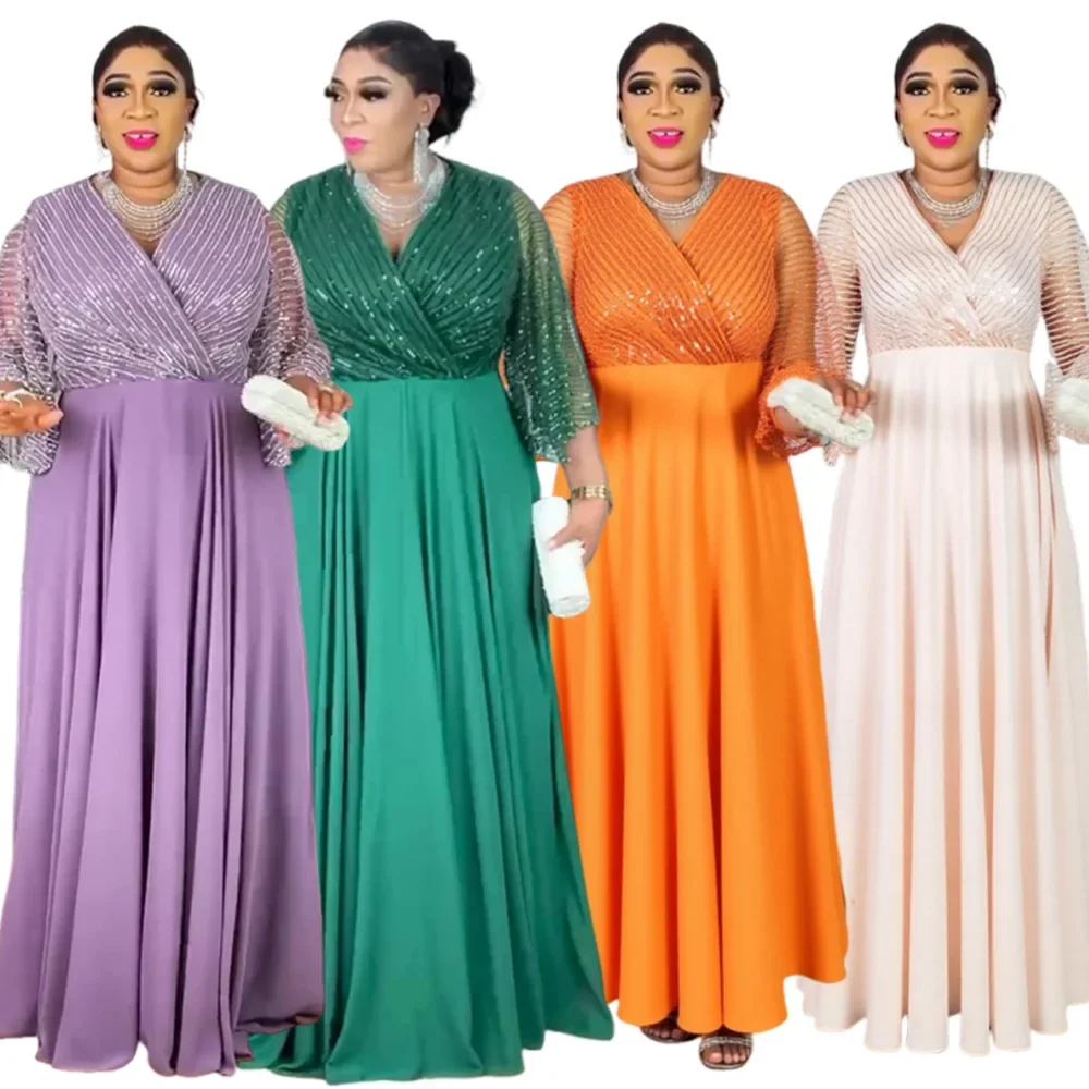 

Plus Size African Party Dresses for Women Dashiki Ankara Sequin Wedding Evening Gown Elegant Christmas Muslim Maxi Dress 2025