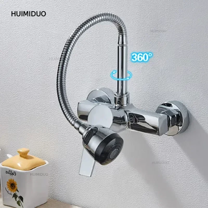 Chrome/black wall-mounted swivel, two-way spout, water stream sprayer, hot and cold water flexible hose kitchen mixer tap
