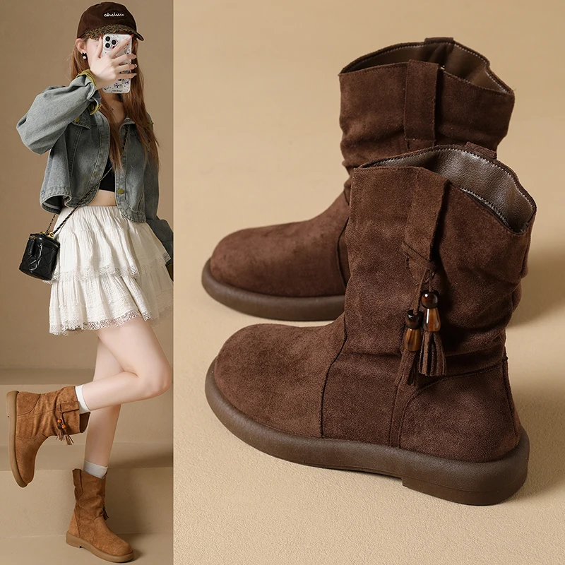 

666 Bohemian-style ankle boots, ruffled short western fringe boots