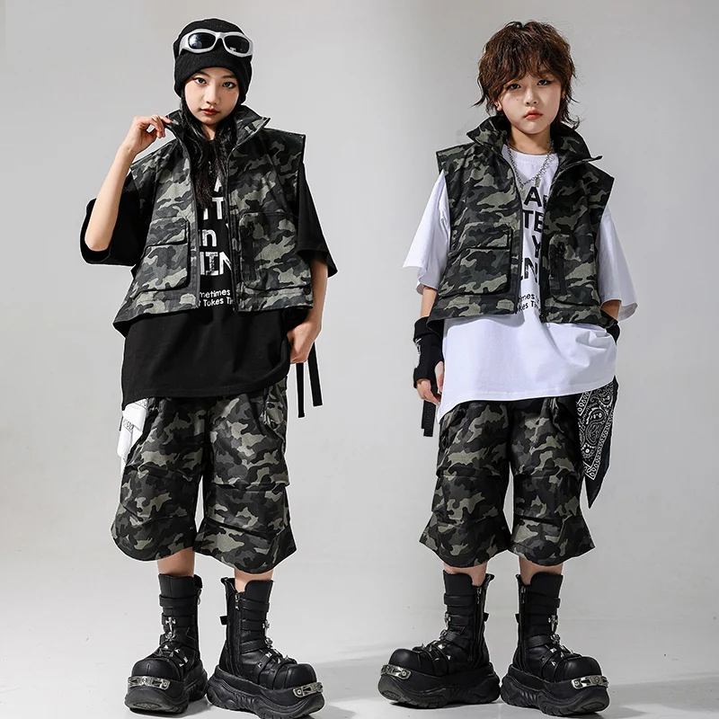 

2025 Ballroom Hip Hop Dance Costumes For Kids Camouflage Vest Loose Shorts Outfits Girls Boys Jazz Performance Clothes DQS19577