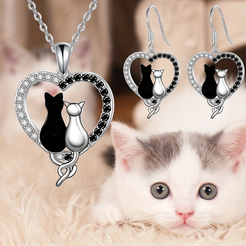 3pcs, Cute Black Cat White Cat Heart-shaped Necklace Earrings SetBirthday Christmas Gift Anniversary Party Giftsin A Niche Style