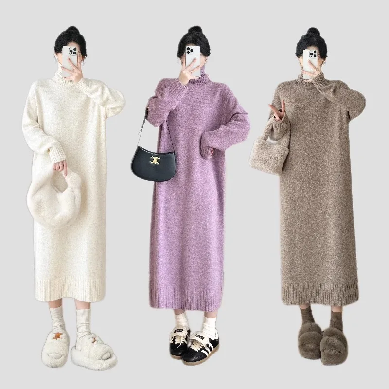 

﻿ ﻿ Women's Long Solid Color Sweater Dress Turtleneck Sweater Loose Straight Knit Pullover Shirt Thick Warm Dresses for Autumn W