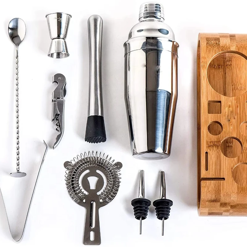 

Bartender Kit: 10 bar tool set, perfect home cocktail kit with stylish bamboo rack and Martini cocktail shaker set