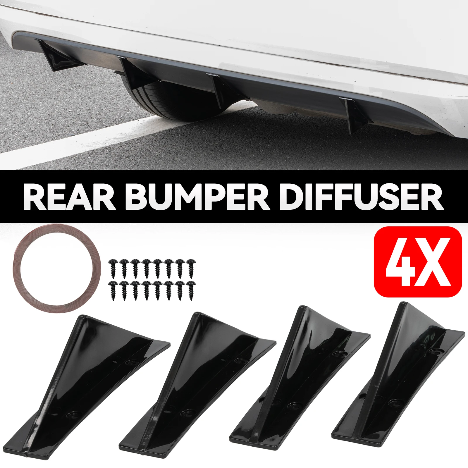 

4Pcs Curved Car Rear Bumper Addon Lip Diffuser Shark Fin Universal Spoiler Splitter Fashion Car-Styling Accessories Glossy Black