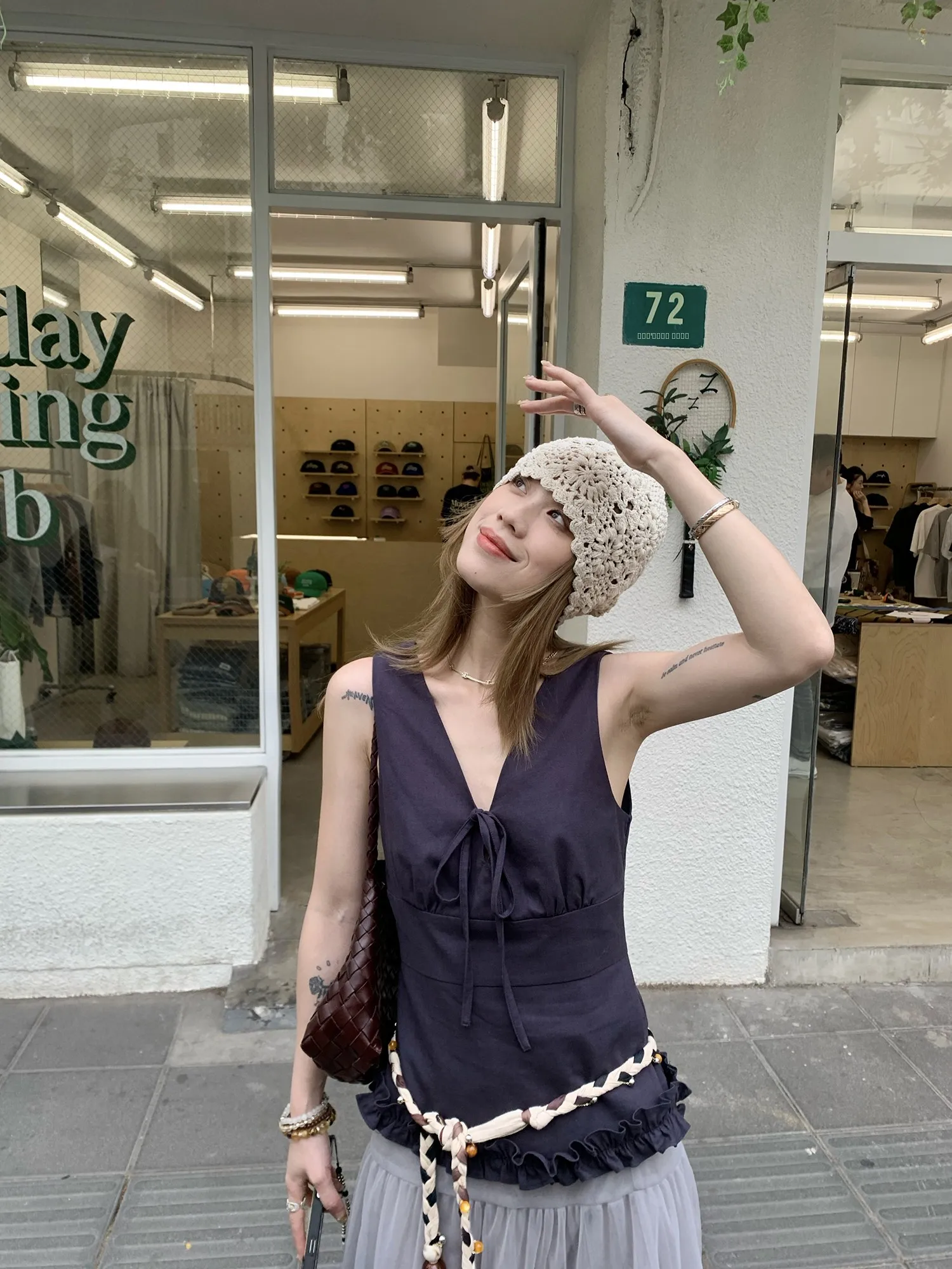 

LelyMooch синий тон, блюз, крутая одежда, льняная одежда с v-образным вырезом, веревочный галстук, жилет с вуалью, лето 2022, женская мода