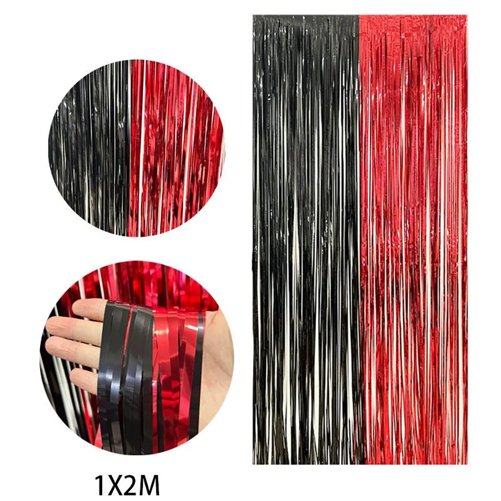2 Stück/Schwarz-Rote Party-Girlanden als Hintergrund – Folienfransen-Lametta für Stranger Things-/Freitag-/Halloween-Party-Dekorationen – 3,2 Fuß x 8,2 Fuß – Detail 3