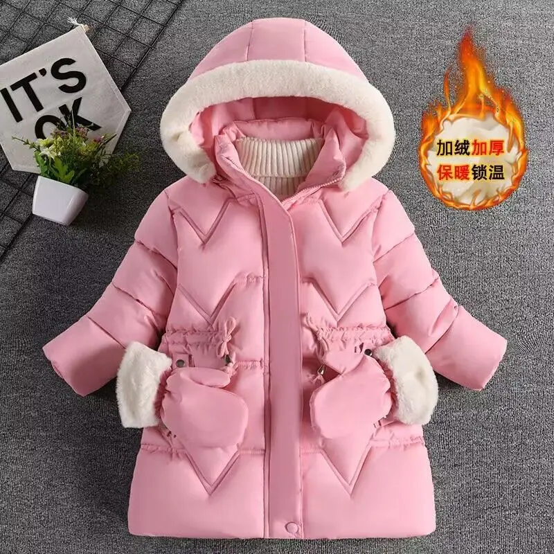 Winter Girls Jacket Solid Color Lining Plus Velvet Thicken Keep Warm Windbreak For 3-8Y Kids Fashion Hooded Overcoat With Glove