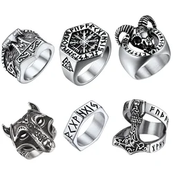 Stainless Steel Norse Viking Rings for Men Runes Hammer Wolf Head Mjolnir Valknut Warrior's Amulet Gothic Punk Jewelry Gift