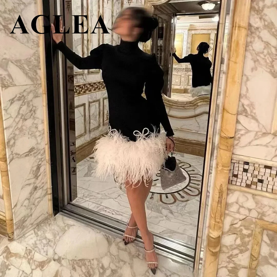 AGLEA Black Pink Bow High Collar Cocktail Dresses Long Sleeves Women Wear Luxury Feathers Edge Short/Mini Night Party Prom Gowns