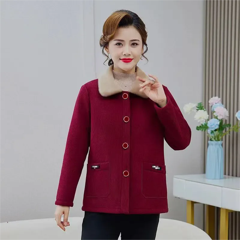 High End Lapel Collar Corduroy Coat Middle Aged Elderly Women's Outerwear Autumn Winter Warm Thicken Casual Jacket Female Tops