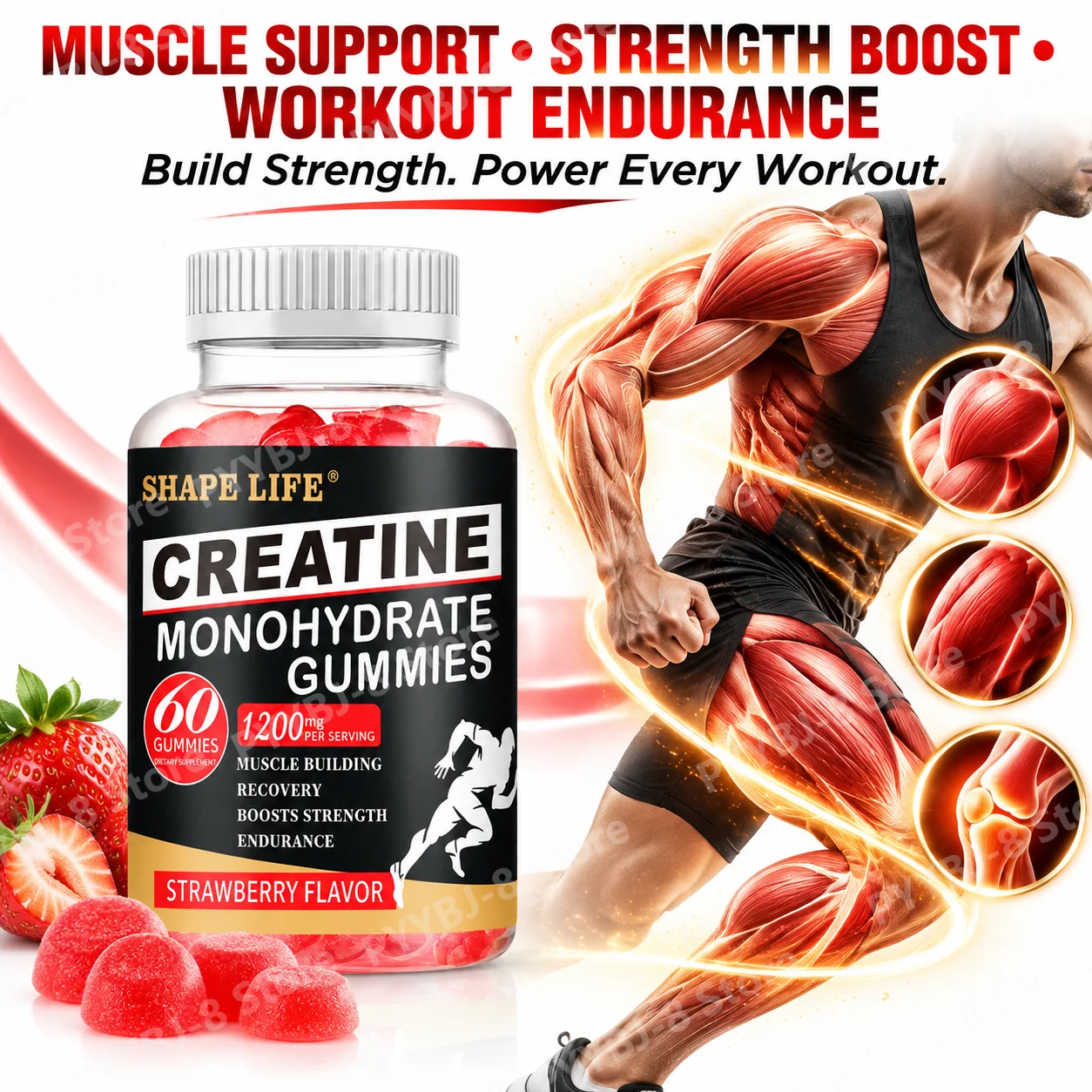 Creatine Monohydrate Gummies, Muscle Support, Strength Boost, Workout Endurance, Creatine with Taurine & Betaine, 60 Gummies
