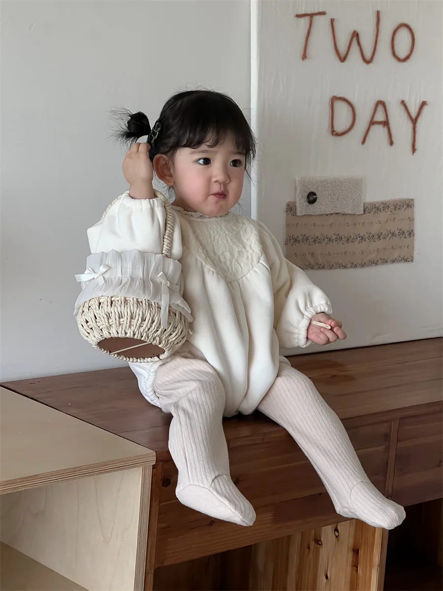 2024 Winter New Baby Girl Long Sleeve Lace Fleece Bodysuit Newborn Toddler Plus Velvet Thick Warm Jumpsuit Infant Clothes 0-24M