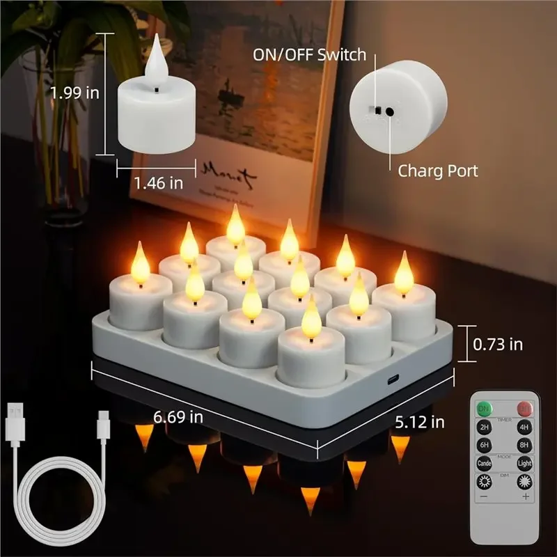Tea Lights Candles Rechargeable Flameless LED Flickering 12Pc Battery Operated Votive Tealight Candles