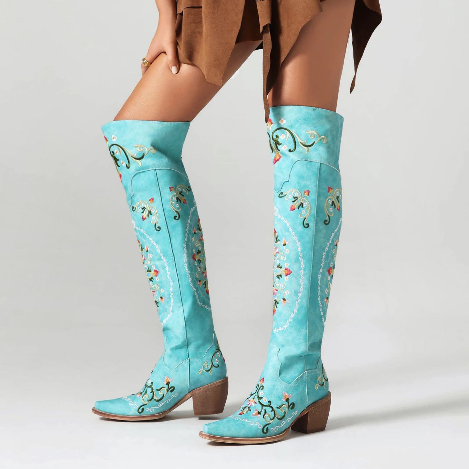 Embroider Over The Knee Boots For Women Western Cowboy Boots Punk Style Autumn Winter Chunky High Heeled Cowgirl Boots Shoes