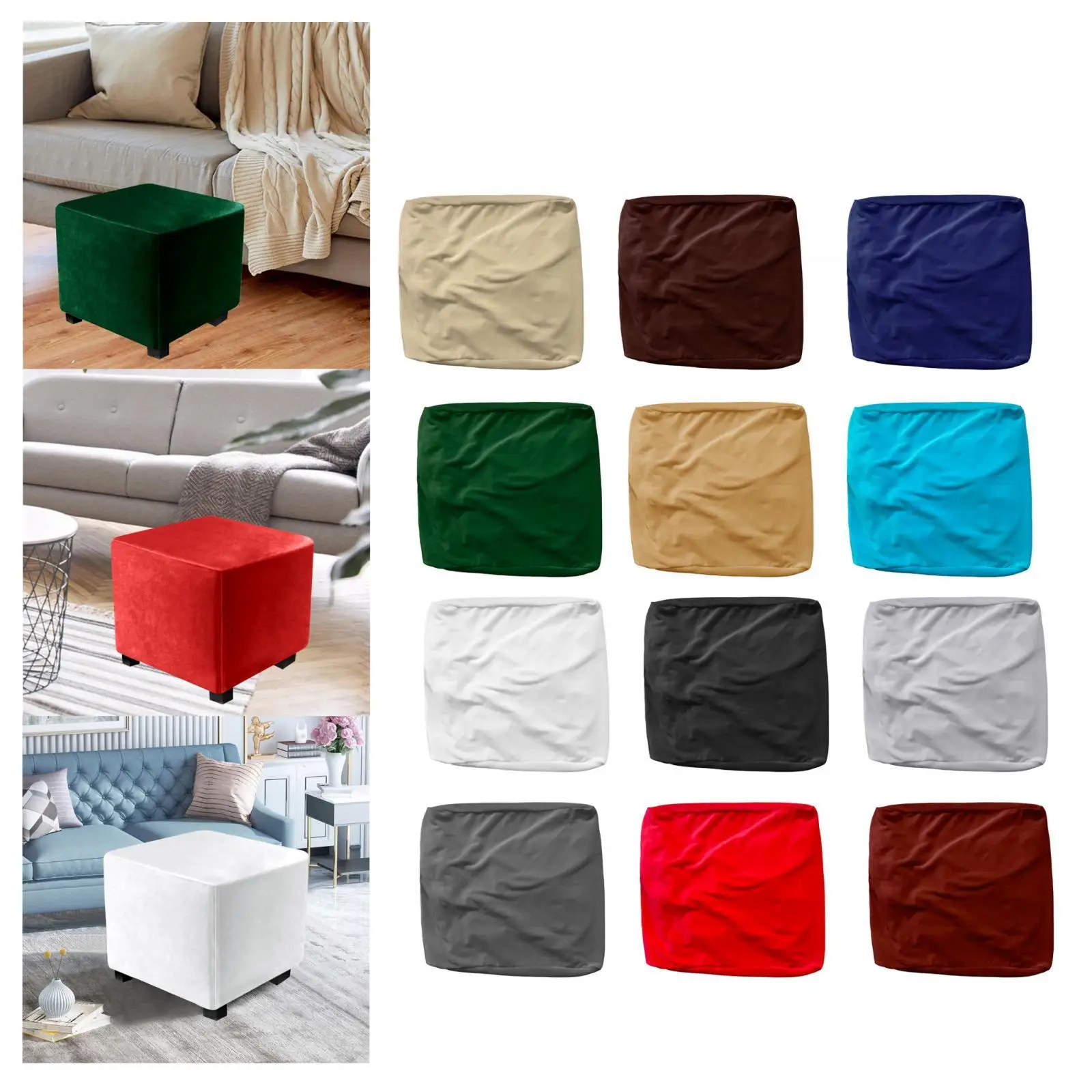 High Stretch Ottoman Slipcover for Footrest Stool Furniture Protector Velvet Square Cover with Elastic Bottom for Home