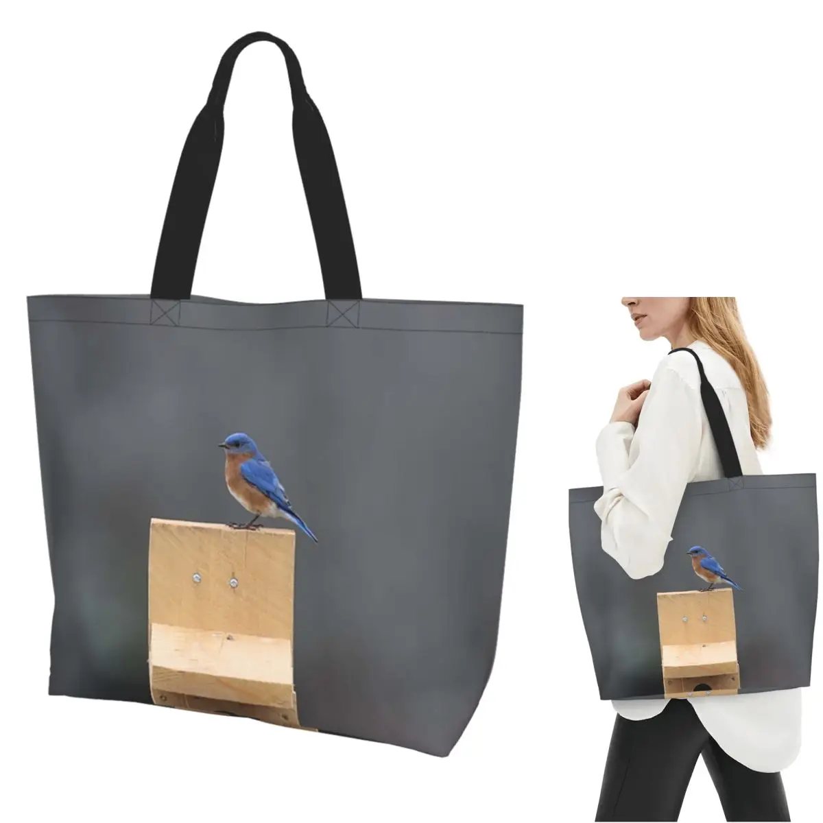 

Eastern Bluebird On A Birdhouse Shopping Tote Bag Canvas Large Capacity Shoulder Bags Shopper Grocery Handbag for Women
