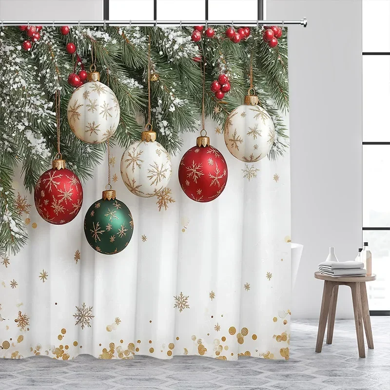 Christmas Balls Shower Curtain Green Pine Boughs Gold Stars Snowflakes New Year Xmas Bath Curtain Home Bathroom Decor With Hooks