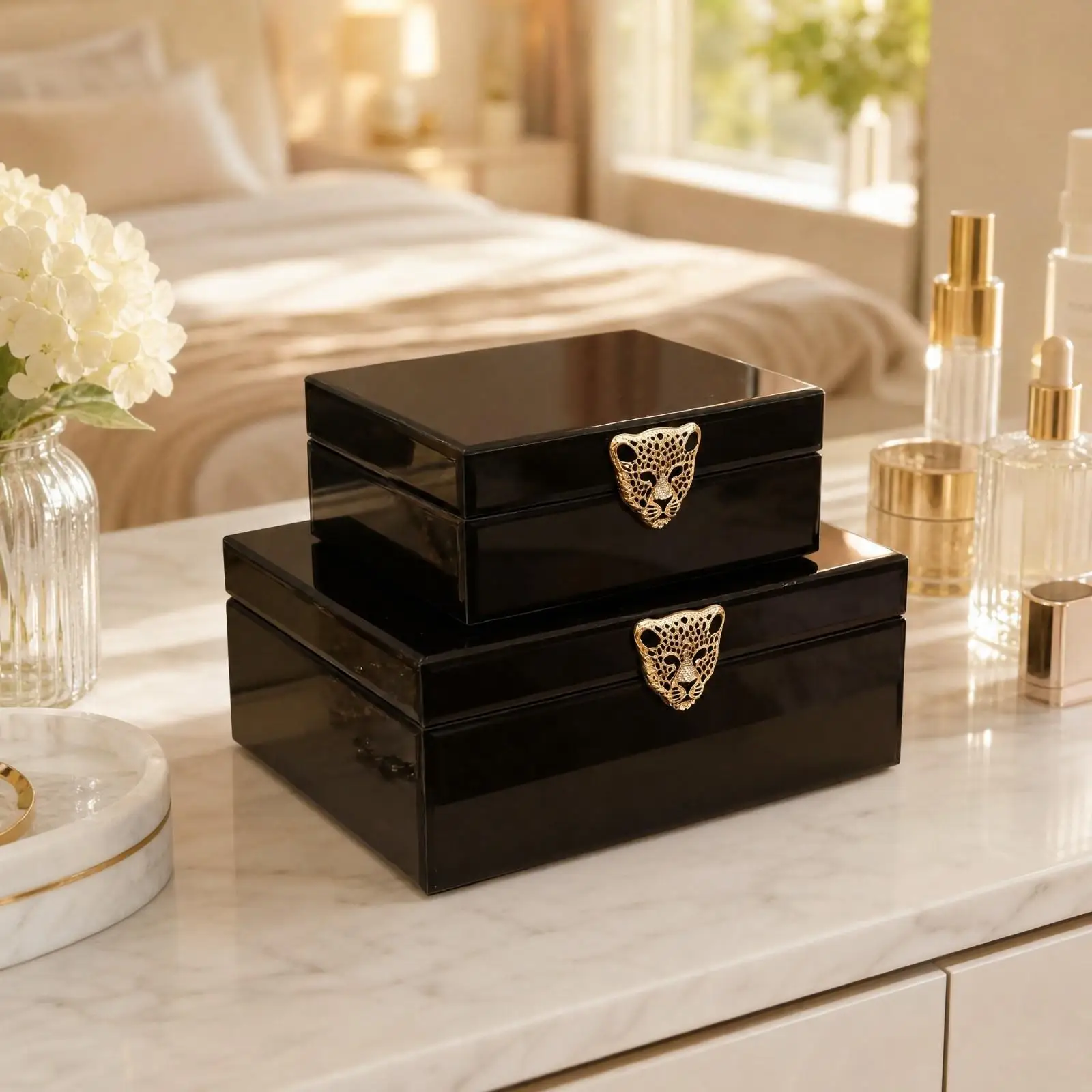 2 Pieces Jewelry Box with Glass Lid | Glossy Finish, Two-Layer Jewelry Box with Leopard Clasp, Visible, for Dressing Table
