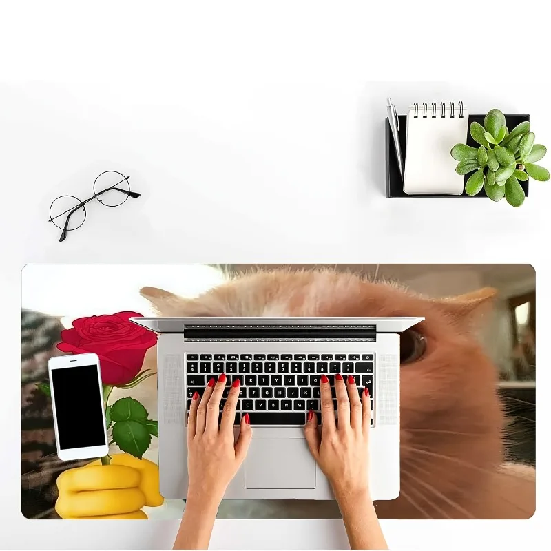 

Large Cat Mouse Pad with Floral Pattern - Waterproof, Non-Slip Rubber Base, Stitched Edge Mouse Pad for Desk