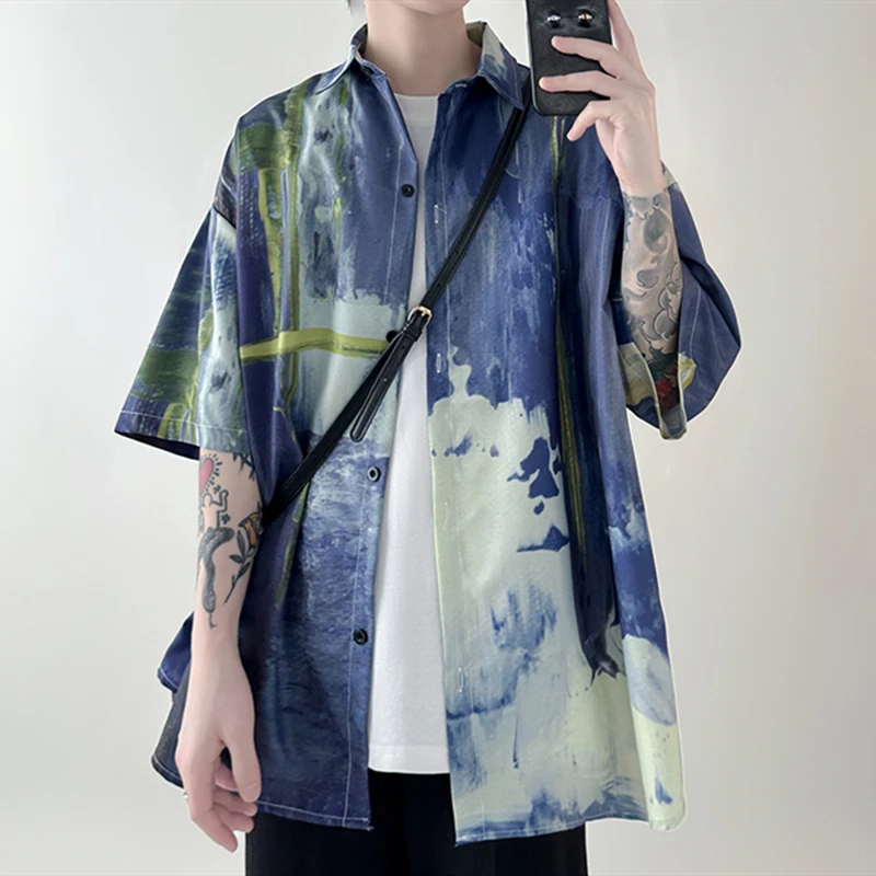 Harajuku Summer Male Polo-neck Shirts Retro Tie Dye Oil Painting Blouse Men Buttons Fashion Streetwear Cardigan Lapel Tops Homme