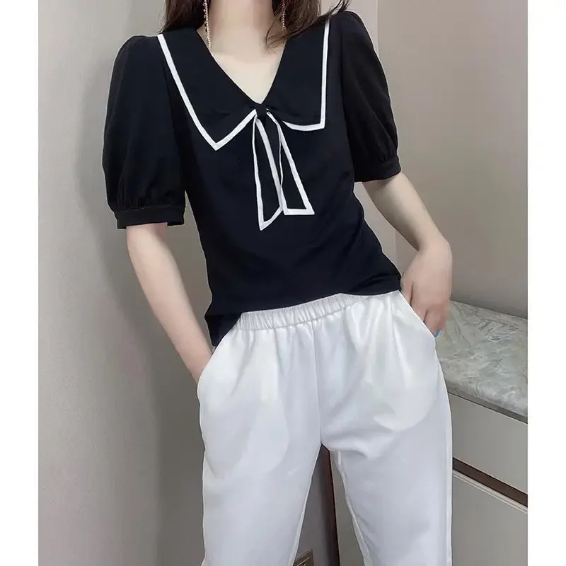 Simple Tied V-neck Black Slim Puff Sleeves Slimming and Fashionable T-shirt for Women XQ777