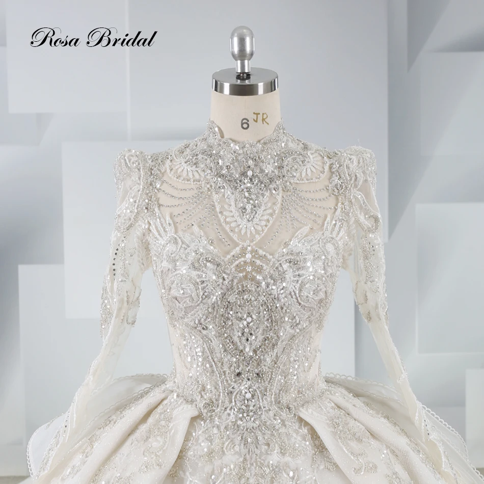 2024 New Luxury Long-Sleeved Detachable Collar Beaded Wedding Ball Gown