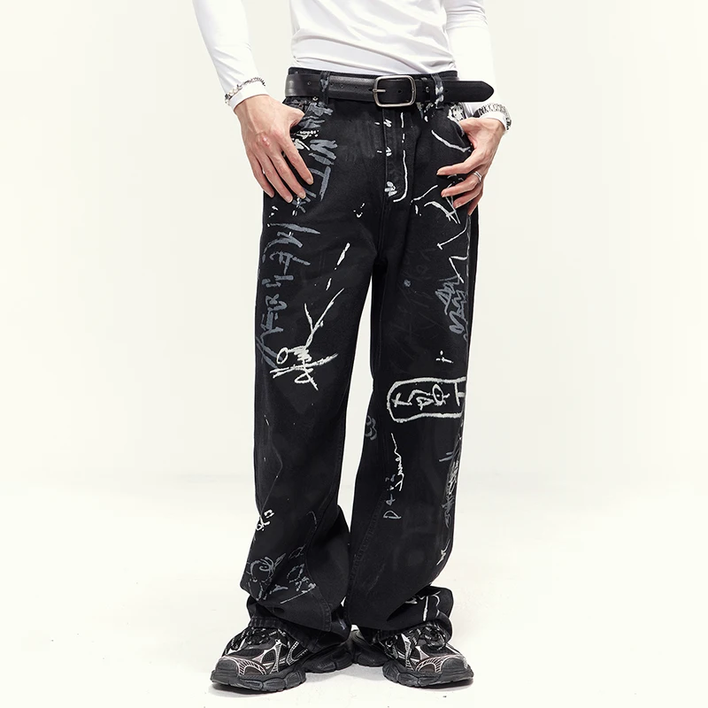 2024New Hip Hop American Street Inkjet Graffiti Printing Jeans Men's High Street Special-Interest Design Loose Straight Trousers