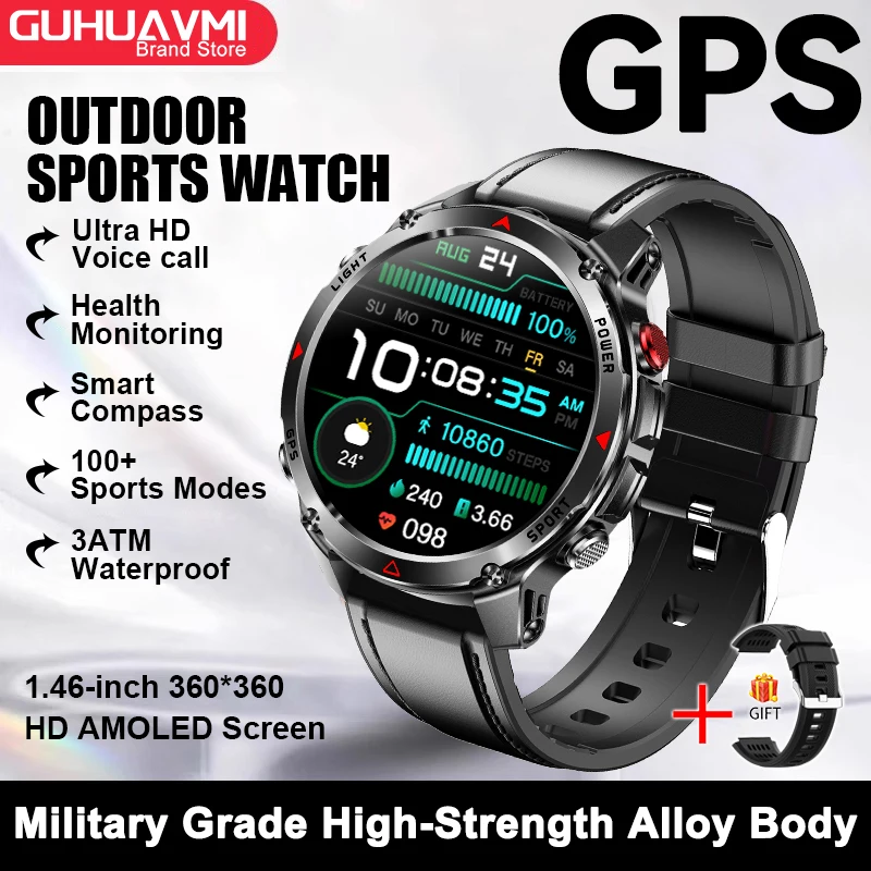 2025 New Military Bluetooth Call Smart Watch Built-in GPS Compass Barometric Altimeter 10ATM Waterproof Sports Smartwatches Men