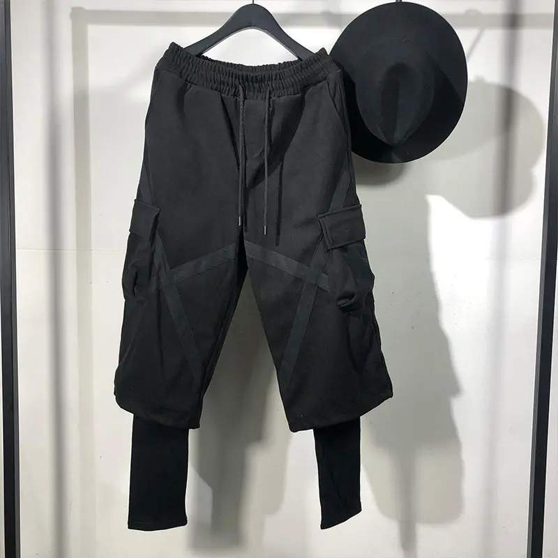 Avant-Garde Dark Fashionable Man Simple Loose False Two Pieces Cargo Jogger Pants Harajuku Style Fashion Casual
