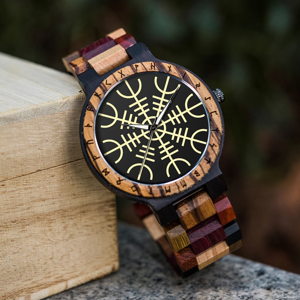 BOBO BIRD Men Wood Watches Personalized Viking Compass vegvisir Handmade Wooden Wristwatch Customized Viking Symbols Watch