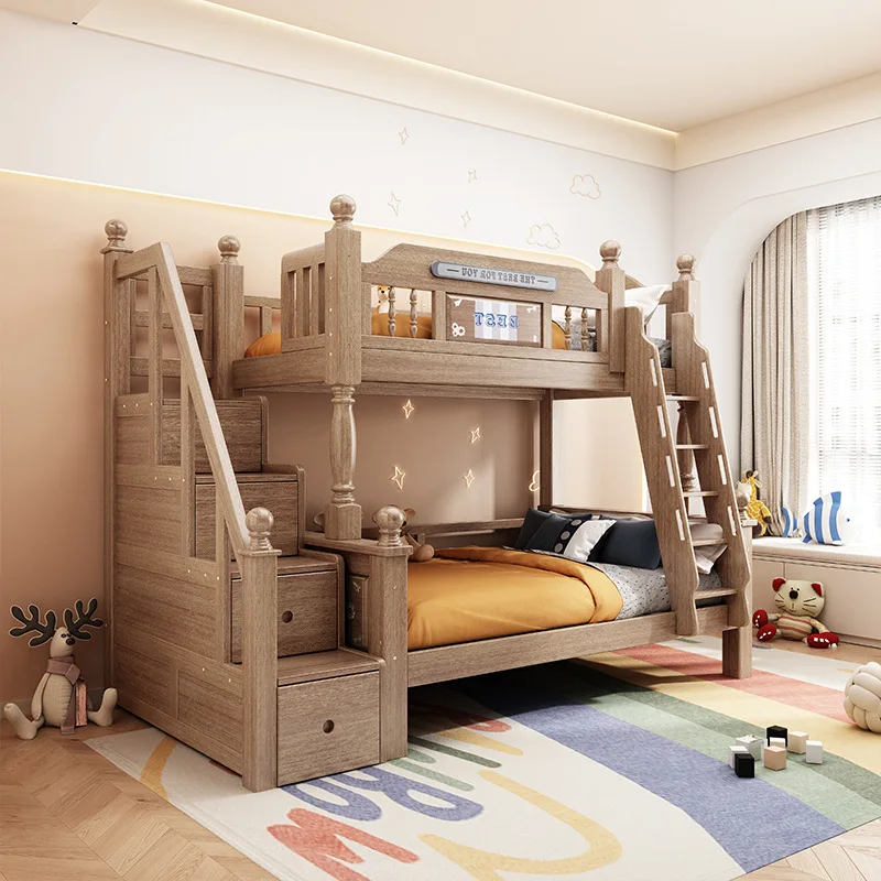 Nordic thickened wood wax oil solid wood bunk bed high and low bed children\'s double deck 1.2m ladder cabinet upper and lower bu