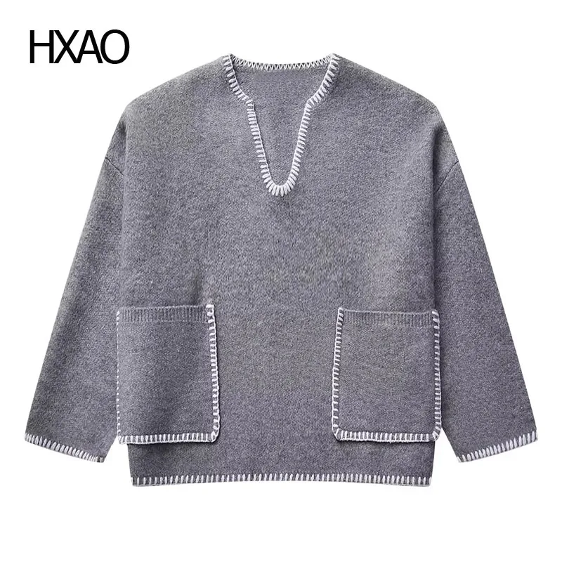 

HXAO Women's Sweater V-Neck Pullovers Crop Knit Jumpers Fashion New In Knitwears Long Sleeve Top Cropped Cashmere Sweater Woman