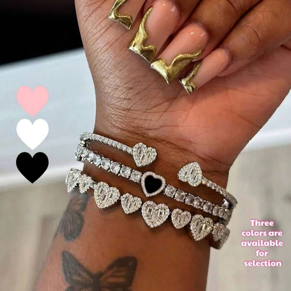 Yupsk 3/1pc Gothic-punk Style Heart-shaped Zirconia Stackable Bracelet for Women Girls Luxurious Jewelry Gift