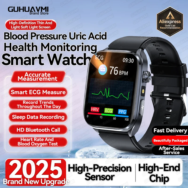 

New AI Accurate ECG+PPG Uric Acid Blood Pressure Blood oxygen Tracker Body Analysis SmartWatch Bluetooth call Smart Bracelet Men