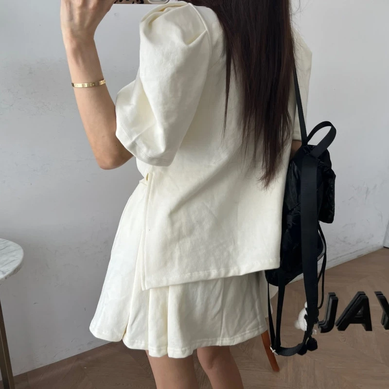 Été Chic Vintage Simple fente latérale bulle Sve haut taille haute Anti-lumière a-ligne Jupe Ensemble femmes Faion Ensemble