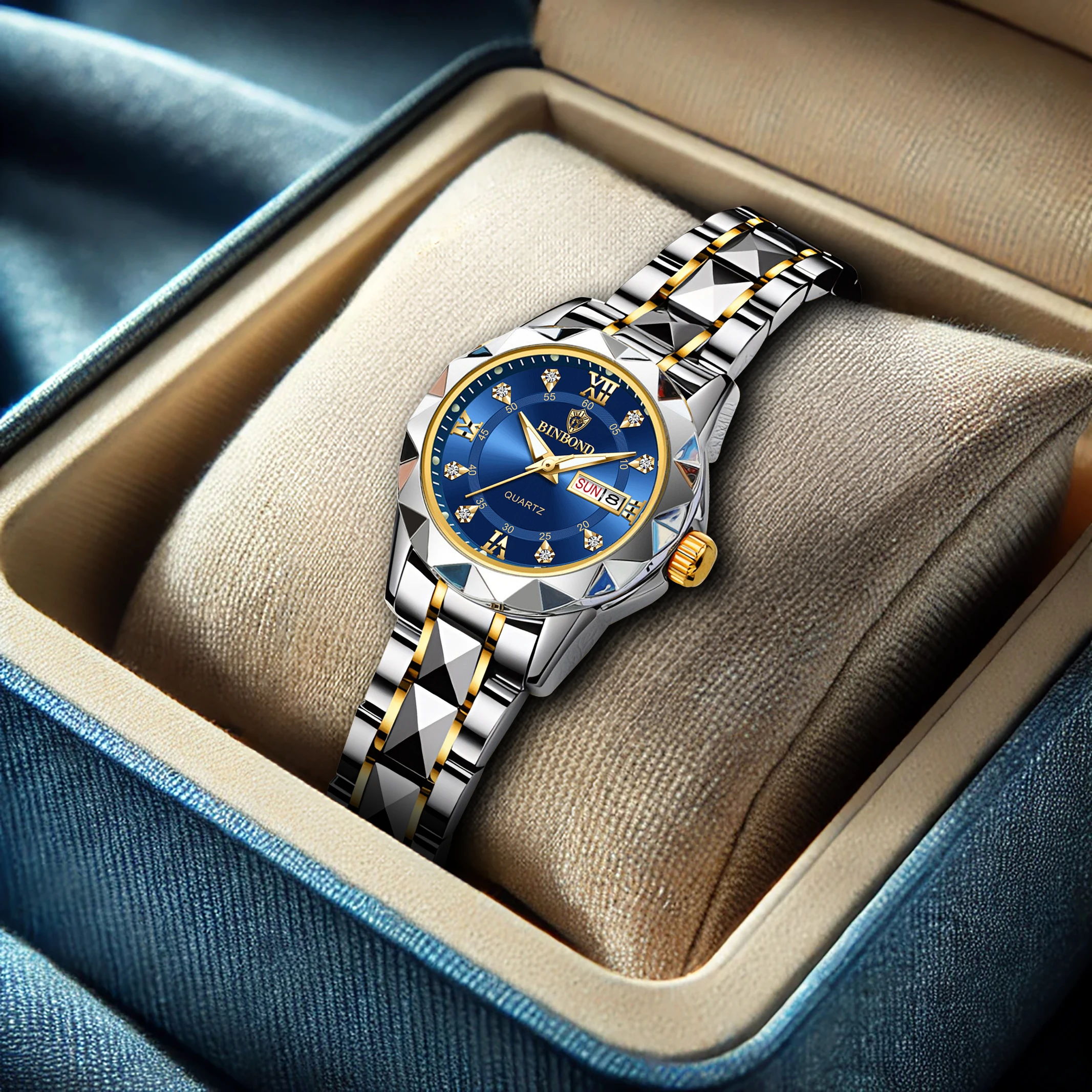 New ladies' room with gold blue steel strip, simple style, fashionable style, elegant night light, watch, calendar, quartz watch