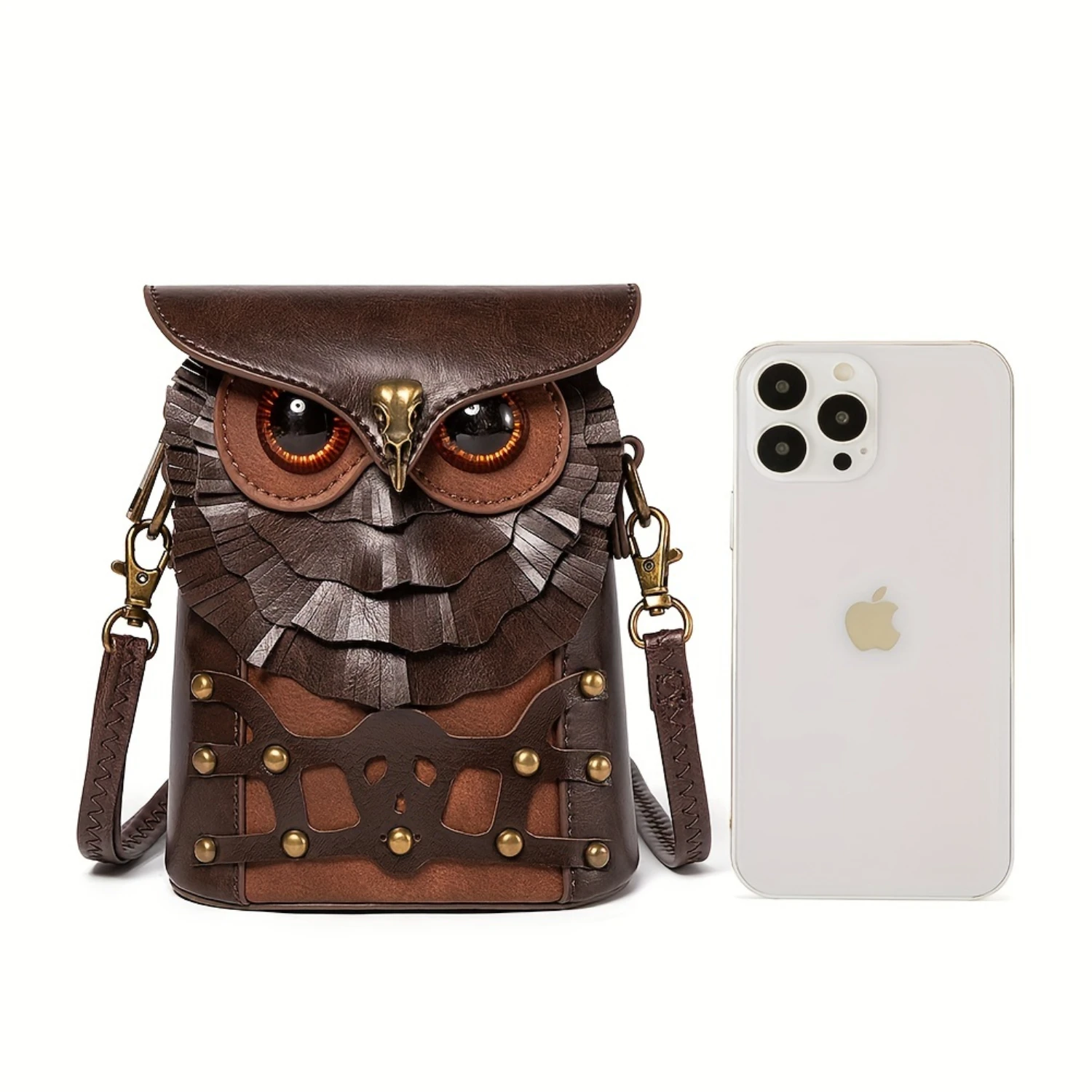 Unique Geometric Owl Steampunk Crossbody Bag - Compact Coin Purse & Cell Phone Carrier with Buckle Closure, Polyester Lining, an