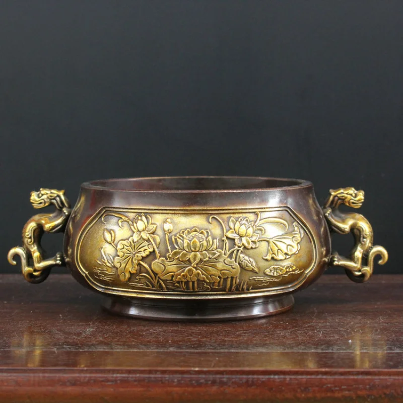 

Pure Copper Ornament Pixiu Ear Lotus Incense Burner Gold-Plated Flat Mouth Furnace Home Craft Buddha Supplies Cop
