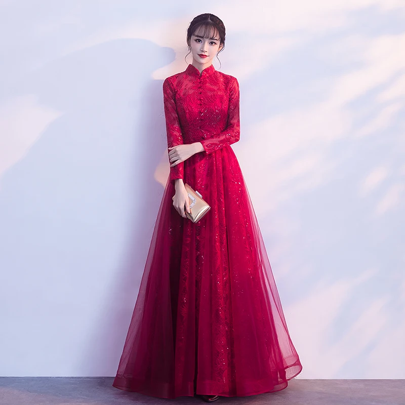 

Ele Red Chinese Sle Long Sve Wedding Dr for Engagement And Bridal Return Home Ceremony Floor Length Evening Gown